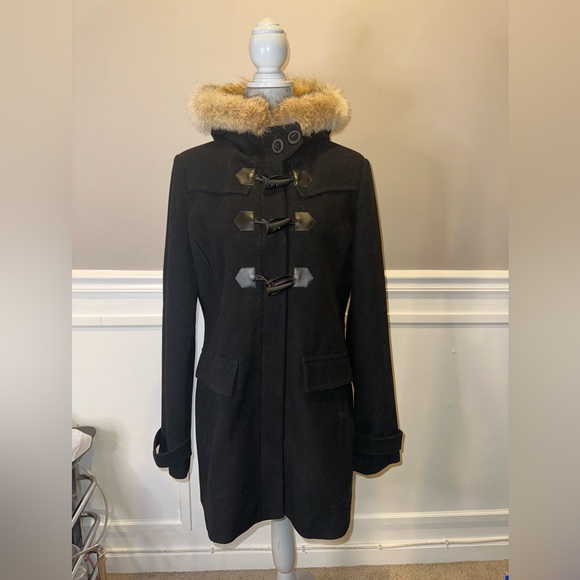 Black Toggle Coat with Faux Fur Hood - Picture 3 of 4